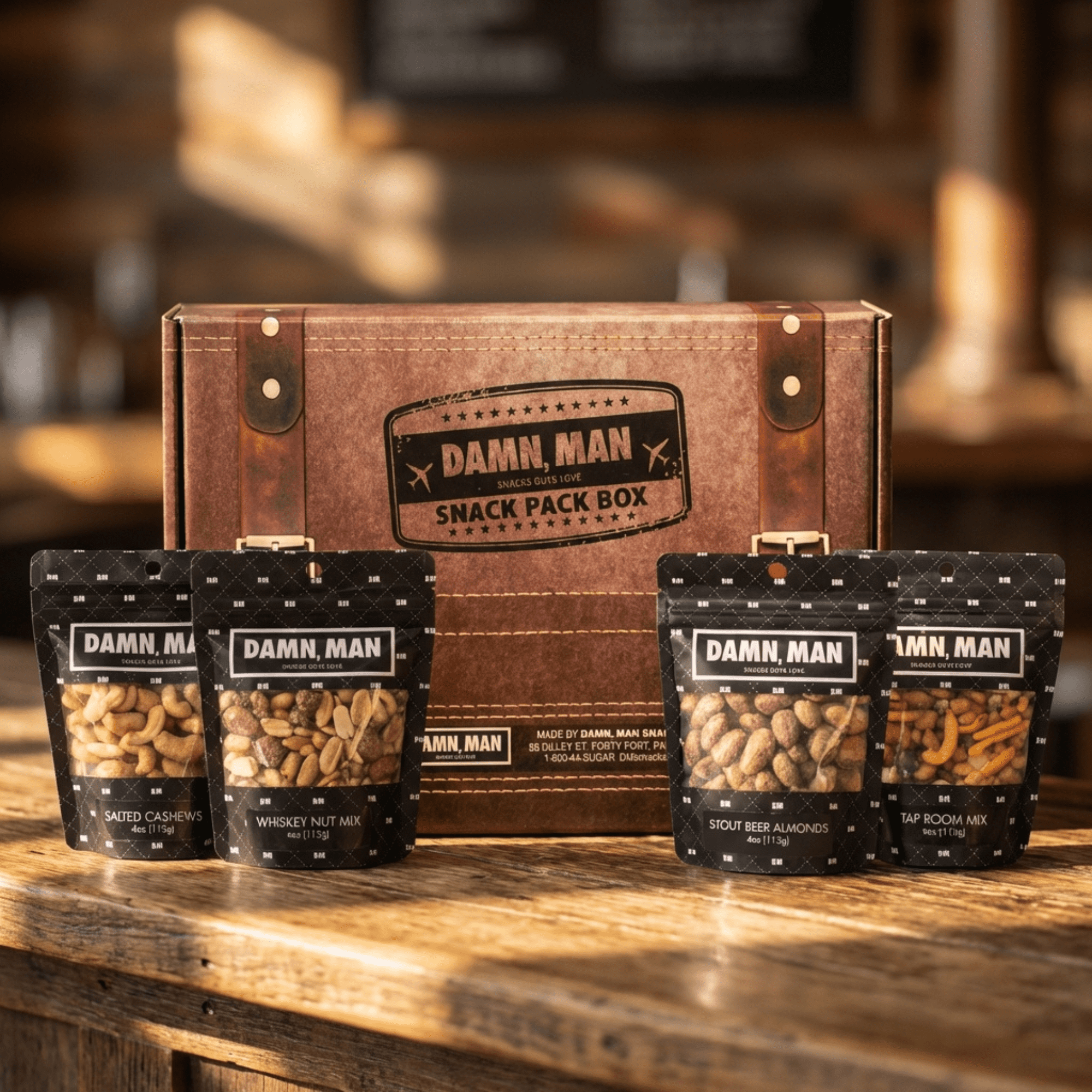 Damn, Man Roasted Bar Snack Pack, Gourmet Mixed Nuts for Beer and Cocktails, 4 Resealable Bags, Savory Party Snack Mix