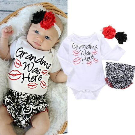 

Toddler Newborn Baby Girls Tops Romper+Pants+Flower Headband Outfit Set Clothes