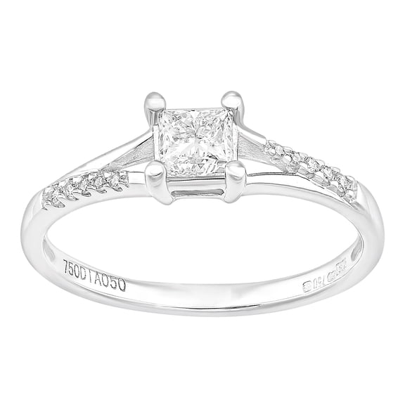 18ct White Gold Jewelco London Princess Diamond Diamond Pave Solitaire Ring