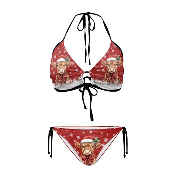 chaqlin Highland Cow Halter Triangle Bikini Set Two Piece Tie Side Bathing Suit for Beach & Pool Vacation Sexy Quick Dry Swimwear for Women