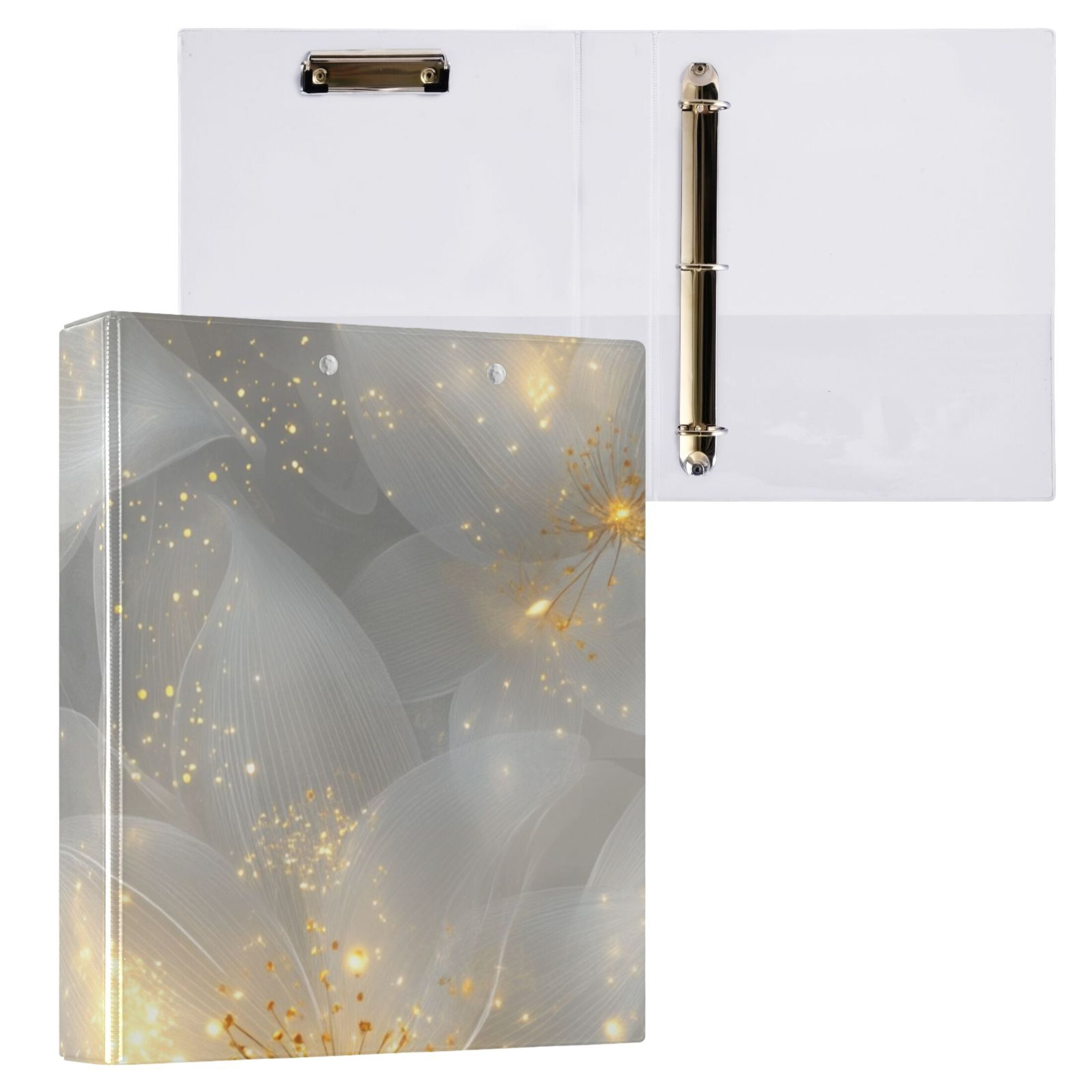 Gold Light Flowers 3 Ring Binders 1.5 inch Hardcover File Folders with Interior Pockets A4 Size Organizer for School Office Hospital