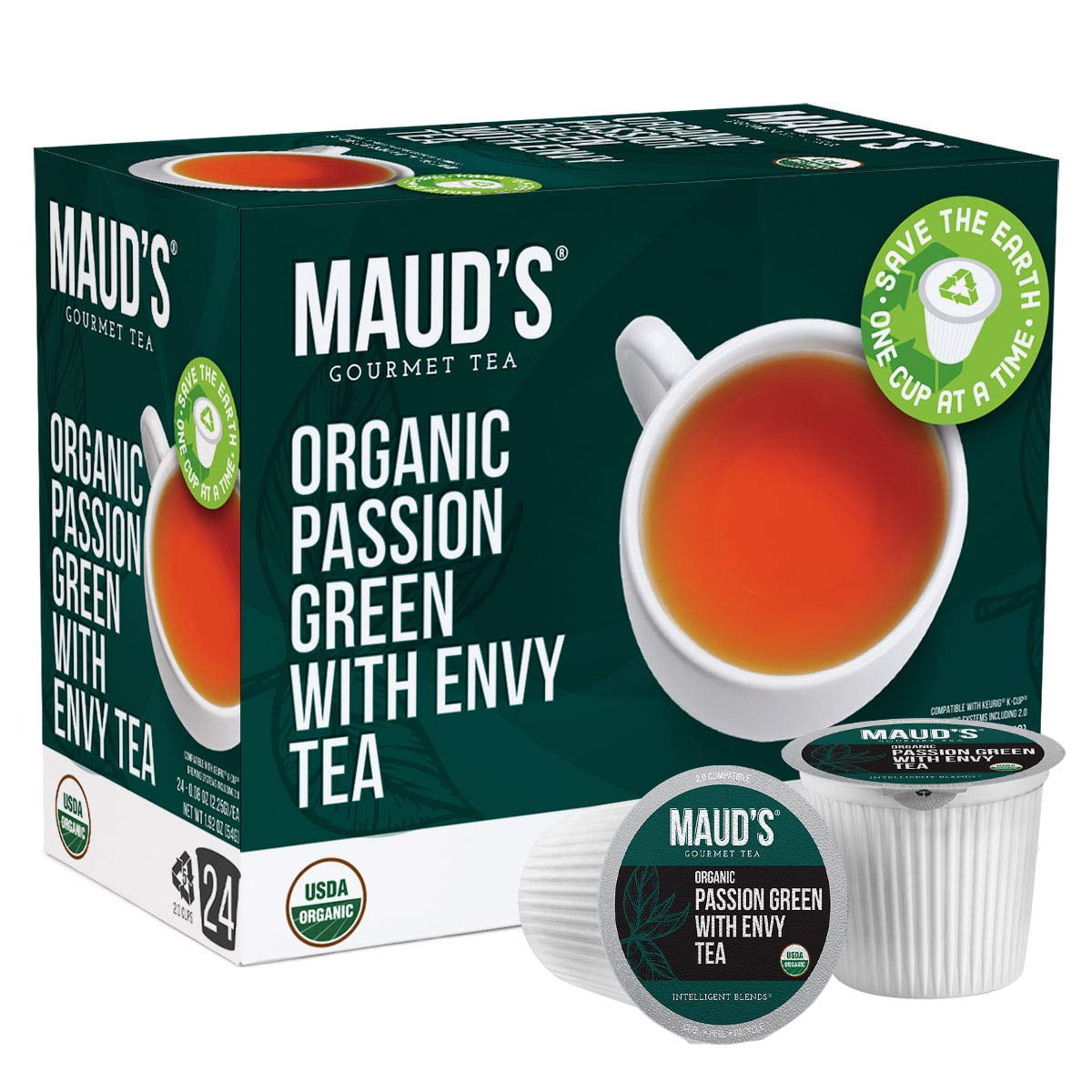 Maud's Organic Green Tea Passion (Passion Green With Envy Tea), 24ct. Recyclable Single Serve Organic Green Tea Pods – 100% Organic Passion Green Tea California Blended, Keurig K Cup Compatible