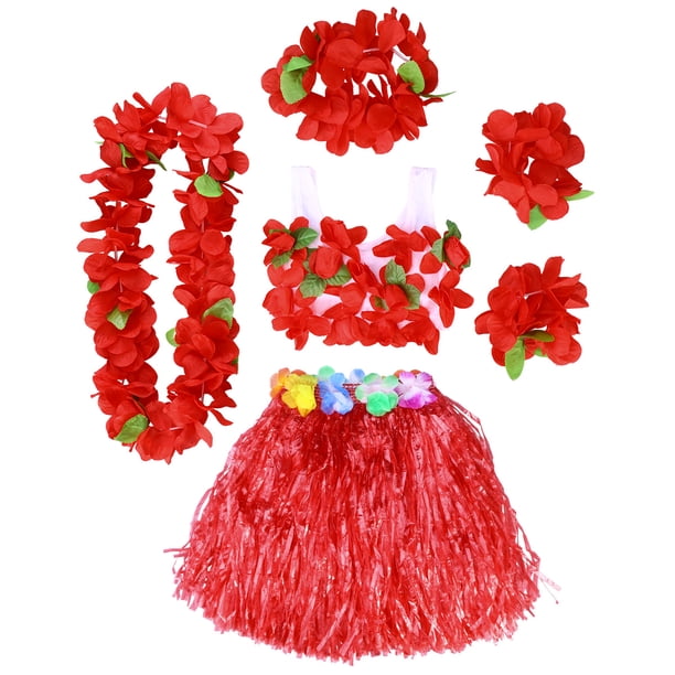 BRIGHTFUFU 6Pcs Hawaii Tropical Hula Grass Dance Falda Niños Flor Leis Pulseras Diadema Collar Sujetador Conjunto 40cm (Falda roja)