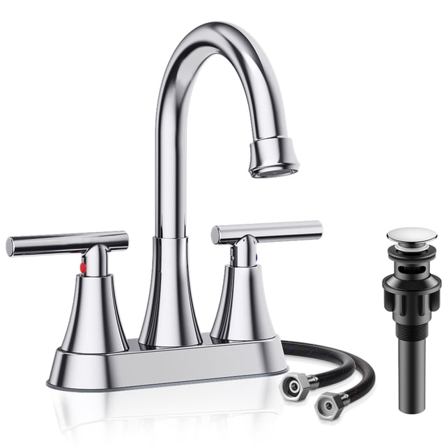 KINGTACK Robinet de Salle de Bain à 3 Trous, Robinet de Lavabo de 4 Pouces, Robinet à Entraxe à 2 Poignées en Acier Inoxydable Sans Plomb avec Bonde à Pression et 2 Tuyaux d'Alimentation, Chrome