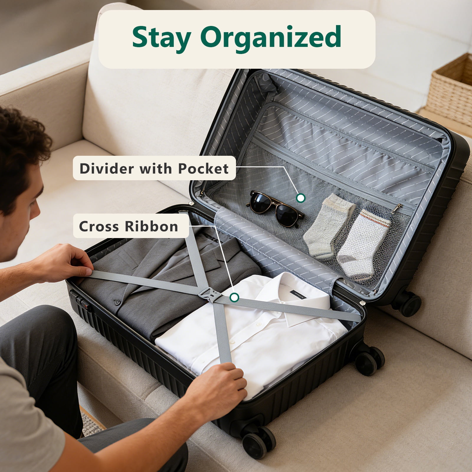 WASUHE 24" Hardside Medium Checked Expandable Luggage,Hardshell Suitcase With Divider Pockets,Four 360-Spinner Wheels,Expandable For Up to 15% More Space,With Scratch-Resistant Surface,Black