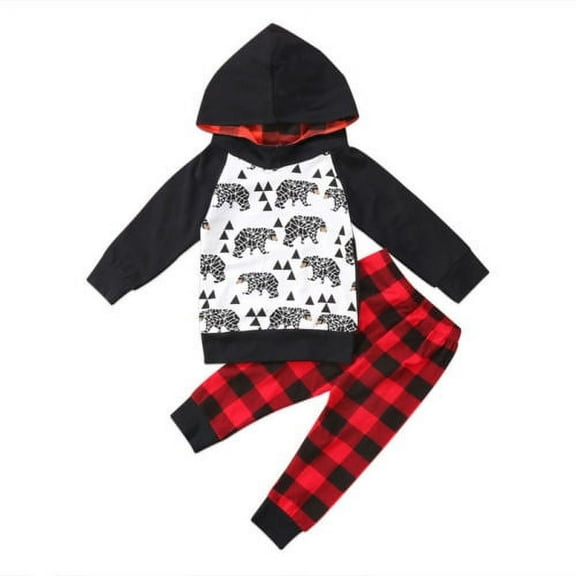 Bilo 2PCS Christmas Baby Boy Clothes Set Cartoon Sweatshirt Hooded Top Checked Pants Outfits Clothes Set (6-12 Months)