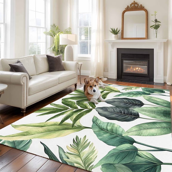 6'x9' Area Rugs, Green Tropical Plant Indoor Outdoor Area Rug for Living Room Bedroom, Summer Botanical Palm Leaves Washable Bathroom Rugs Kitchen Floor Carpet Mats Home Decor Aesthetic