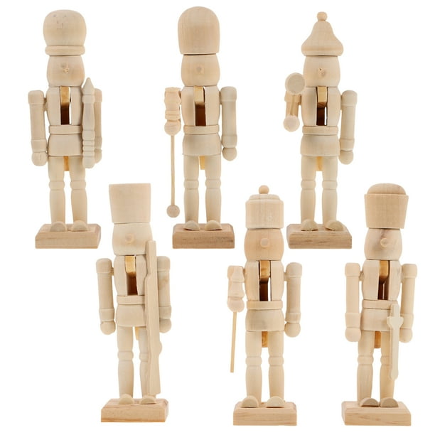 ColoMX Figuras de Cascanueces sin terminar de madera para Navidad, marionetas de Cascanueces en blanco sin pintar, bricolaje, 6 uds.