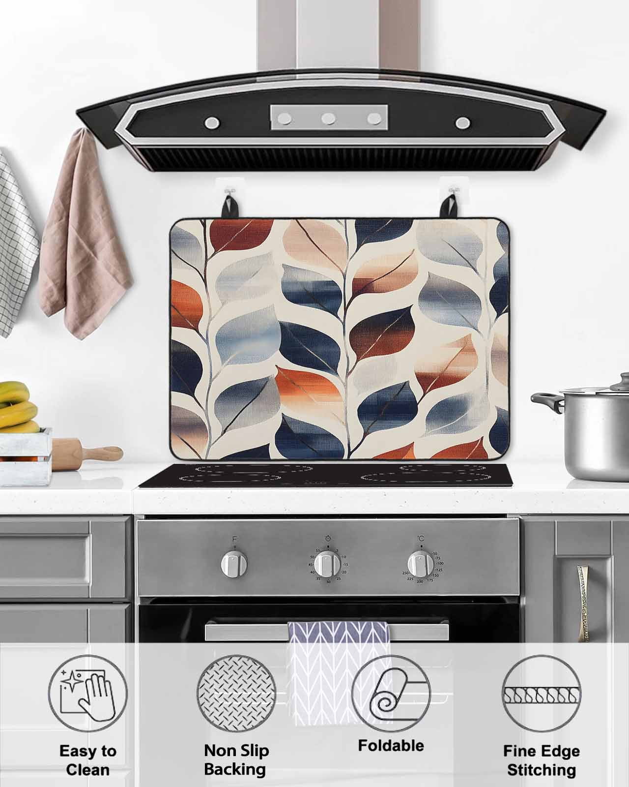 nqOlkjepod Large Induction Cooktop Protector Mat 36"x21", Navy Blue Burnt Orange Botanical Stove Top Covers for Electric Stove, Vintage Leaves Stove Burner Cover Mats, Glass Top Stove Cover
