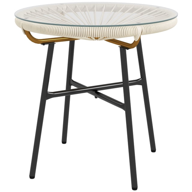 Round Rattan Side Table with Tempered Glass Top, Cream White PE Wicker Outdoor End Table with Powder Coated Metal Frame for Patio, Garden, and Balcony, 19.7" x 19.7" x 19.7"
