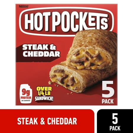 Hot Pockets Frozen Snacks Steak and Cheddar Cheese Sandwiches, 22.5 oz, 5 Count Box (Frozen)
