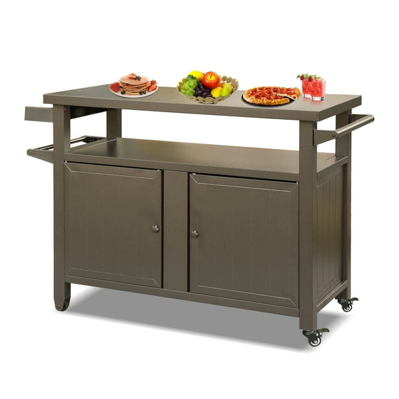 Garden Carts Grill Carts Outdoor Storage Cabinet with Wheels, Metal outdoor grill table Kitchen Dining Table Cooking Prep BBQ Table for Patio, Kitchen Island, Home Party, Bar (Brown),Outdoor Garden C