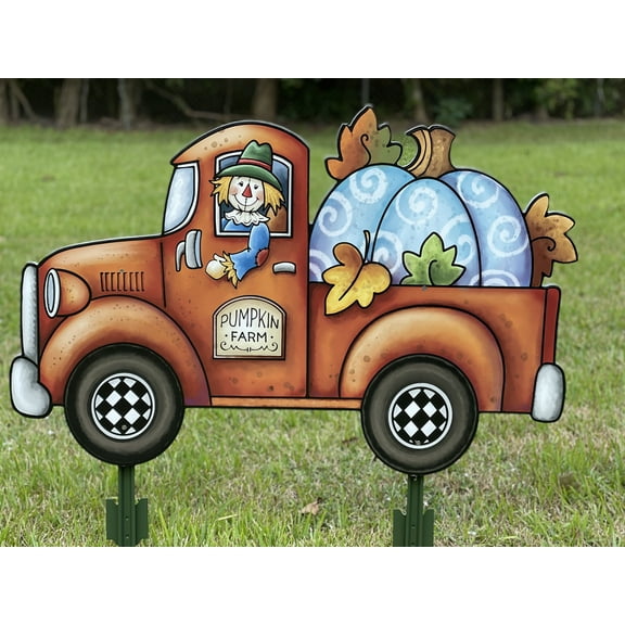 Scarecrow Drives an Orange Truck Fall Yard Art Decoration