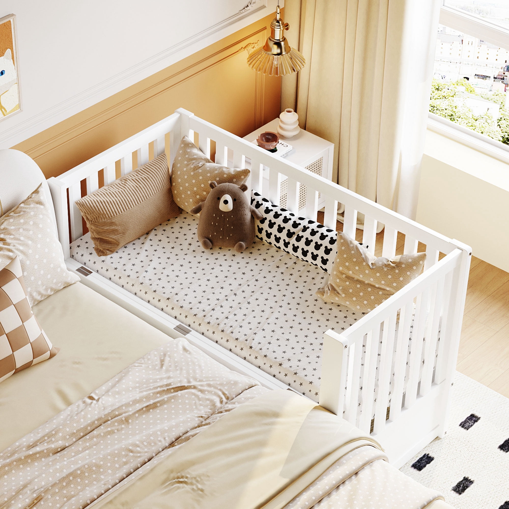 Euroco 4-in-1 Convertible Crib, Baby Crib with Drawers, Crib to Full Size Platform Bed, Wood and Metal, White