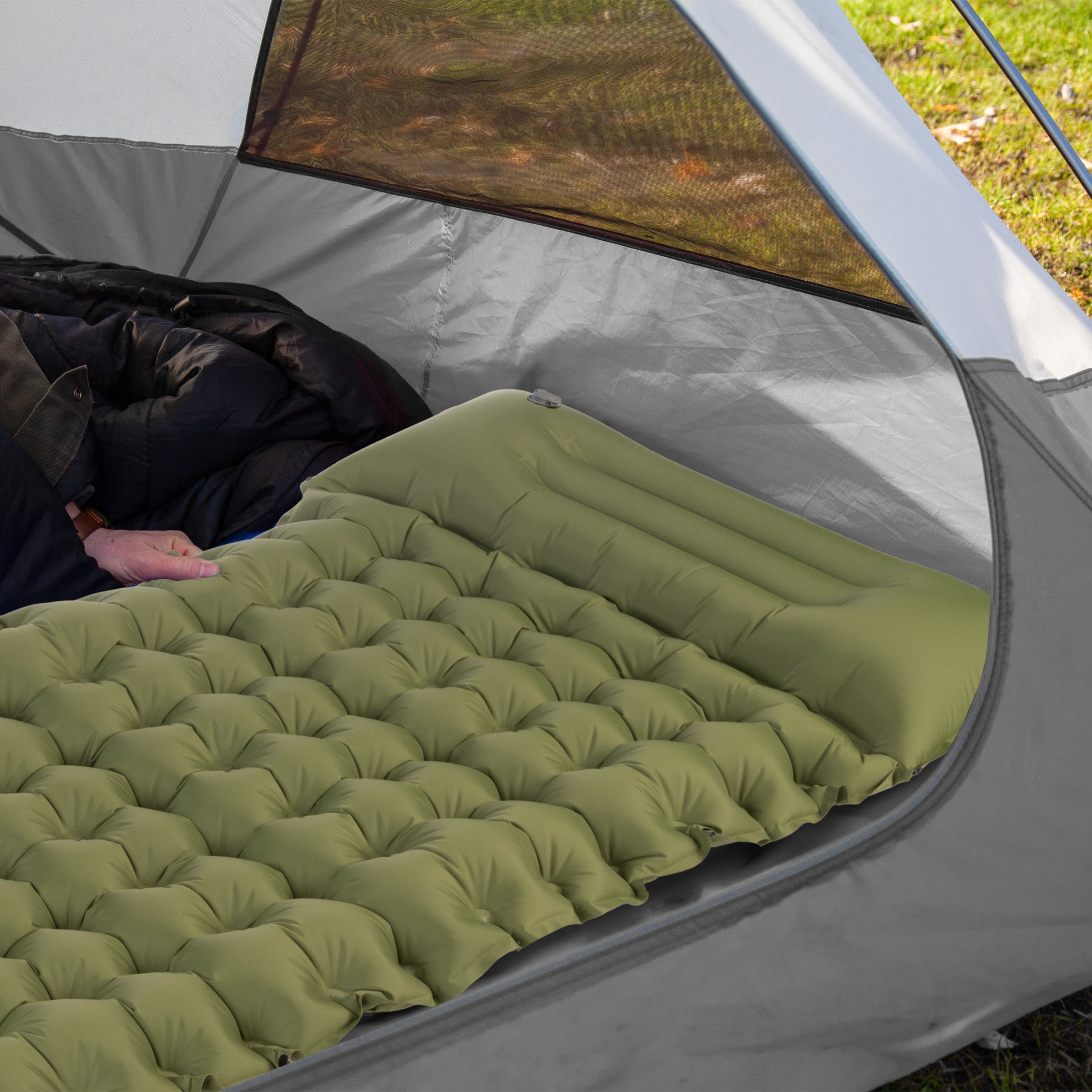 Wakeman Outdoors Inflatable Sleeping Pad with Built-in Foot Pump, Olive