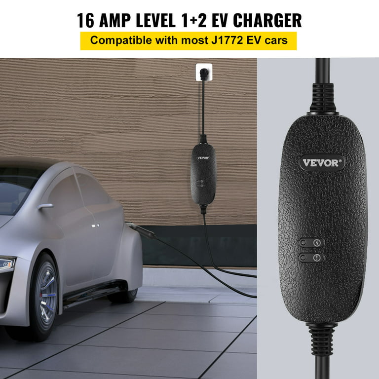 VEVOR Level 1+2 EV Charger, 16 Amp 110-240V, Portable Electric Vehicle  Charger with 25 ft Charging Cable NEMA 6-20 Plug NEMA 5-15 Adapter, Plug-in