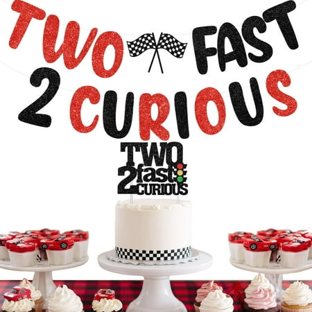 Two Fast 2EGSC Curious Cake Topper Banner Race Car 2nd Birthday Party Decorations Two Fast Bday Decor Glitter for Boys Racing Car Theme Second Birthday Let’s Go Racing Party Supplies
