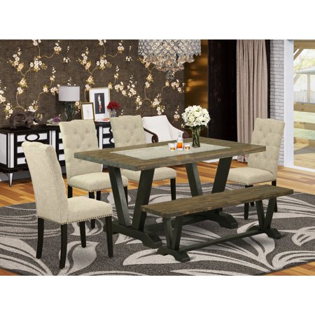 Maykoosh Rustic Romance 6-Pc Dining -Doeskin Linen Fabric Seat & Button Tufted Chair Back Parson Chairs A bench & Top Modern Dining Table With Solid Wood Legs & Wire Brushed Black