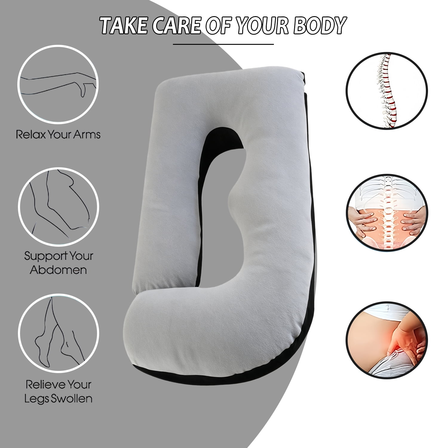 Supportive Ergonomic J-Shape Polyester Maternity Pillow for Multi-Position Sleeper, Blue-Gray