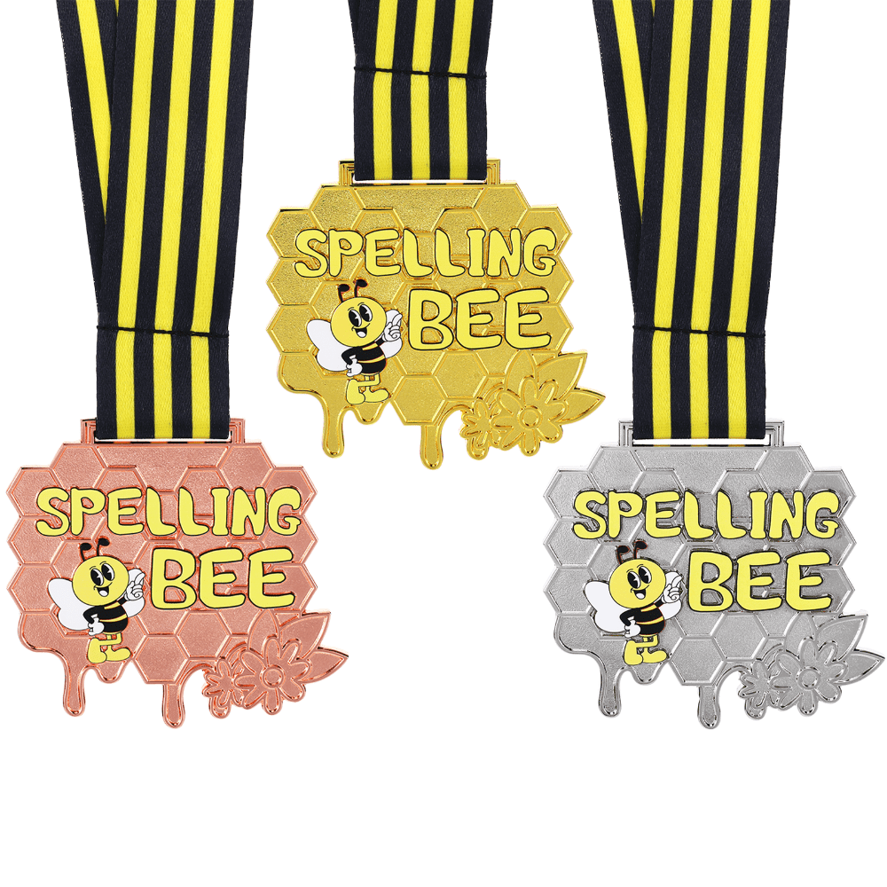 3 Pcs Spelling Bee Honeycomb Medals with Neck Ribbons, Gold Silver Bronze Awards Represents 1st 2nd 3rd Place, Durable Zinc Alloy Medals for Competition Events Party Decorations and Club Activities