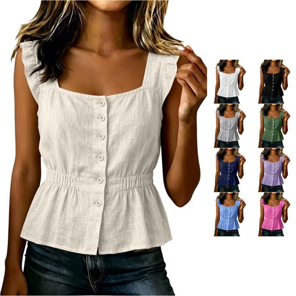 WAYUTE Womens Tank Tops Elegant Square Neck Ruffle Strap Button Front Solid Color Sleeveless Tank Top Soft Versatile Vacation Outfits Casual Summer,Beige,L