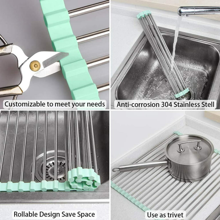 Over The Sink Multipurpose Roll-Up Dish Drying Rack - Stainless Steel  Foldable Sink Dish Drainer with Utensil Caddy