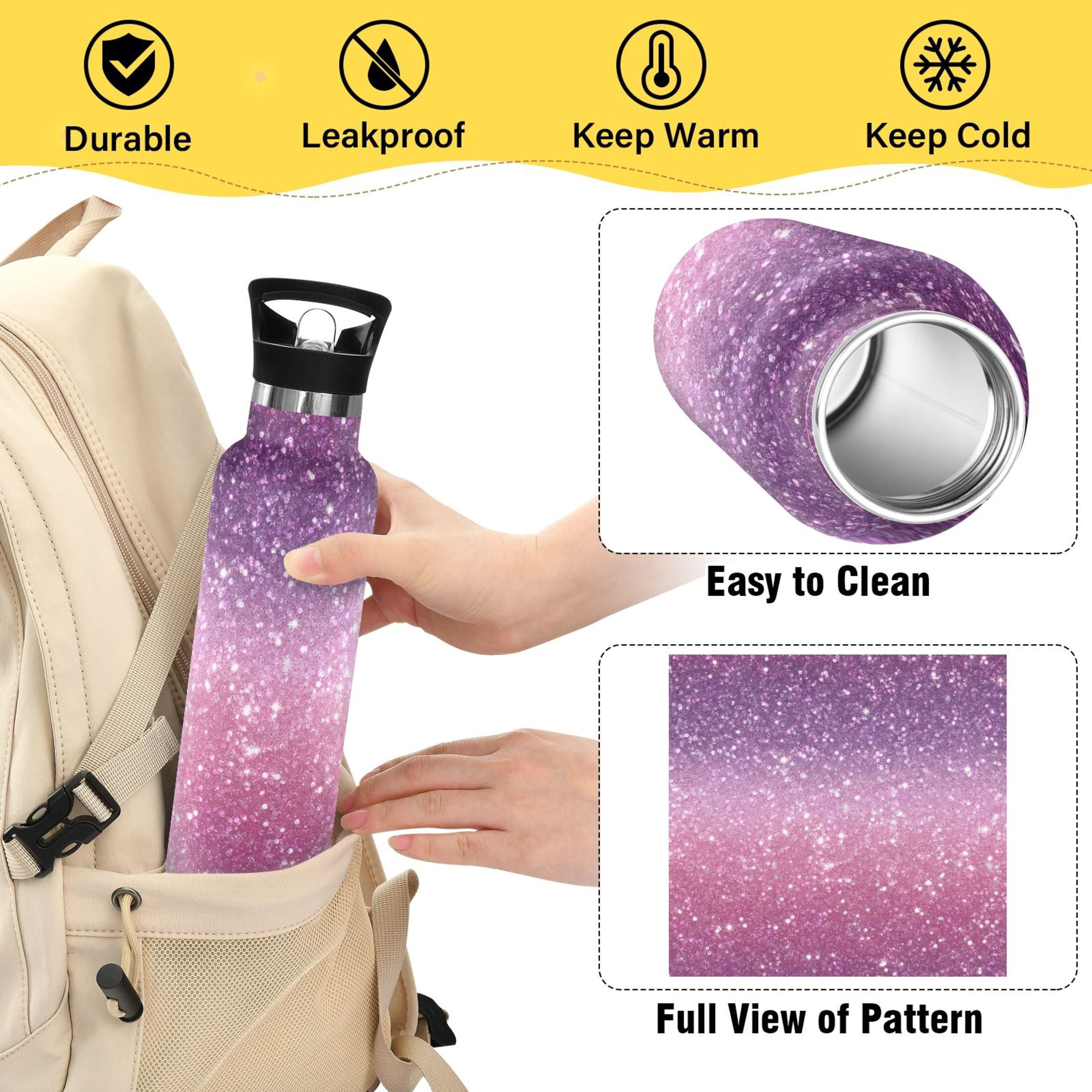 Kids Insulated Stainless Steel Sports Water Bottle 600ml Pink and Purple Glitter Pattern