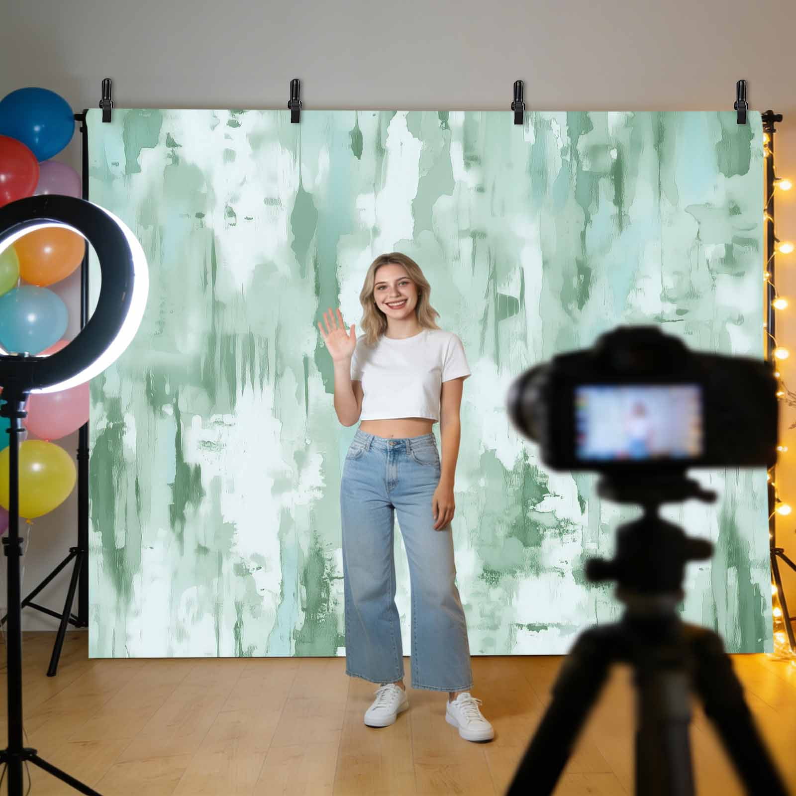Green Abstract Backdrop for Photography,Fabric Photo Background Backdrop,Modern Oil Painted Art Contemporary Photo Booth Background for Portrait Photoshoot Video Wedding Decoration Banner 7x5ft