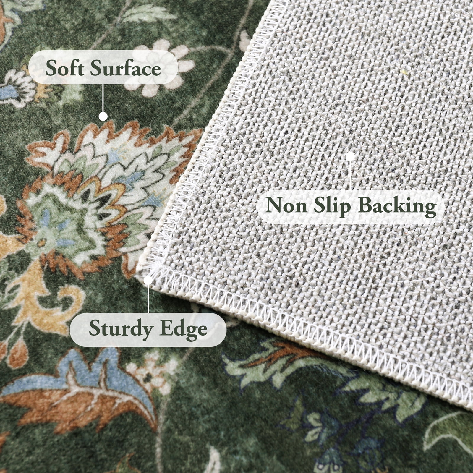 Lahome Decor Floral Area Rug 8x10, Machine Washable Rugs for Living Room, Non Slip Rug with Vintage Printed, Low Pile Carpet for Bedroom Dining Room Home Office, Green