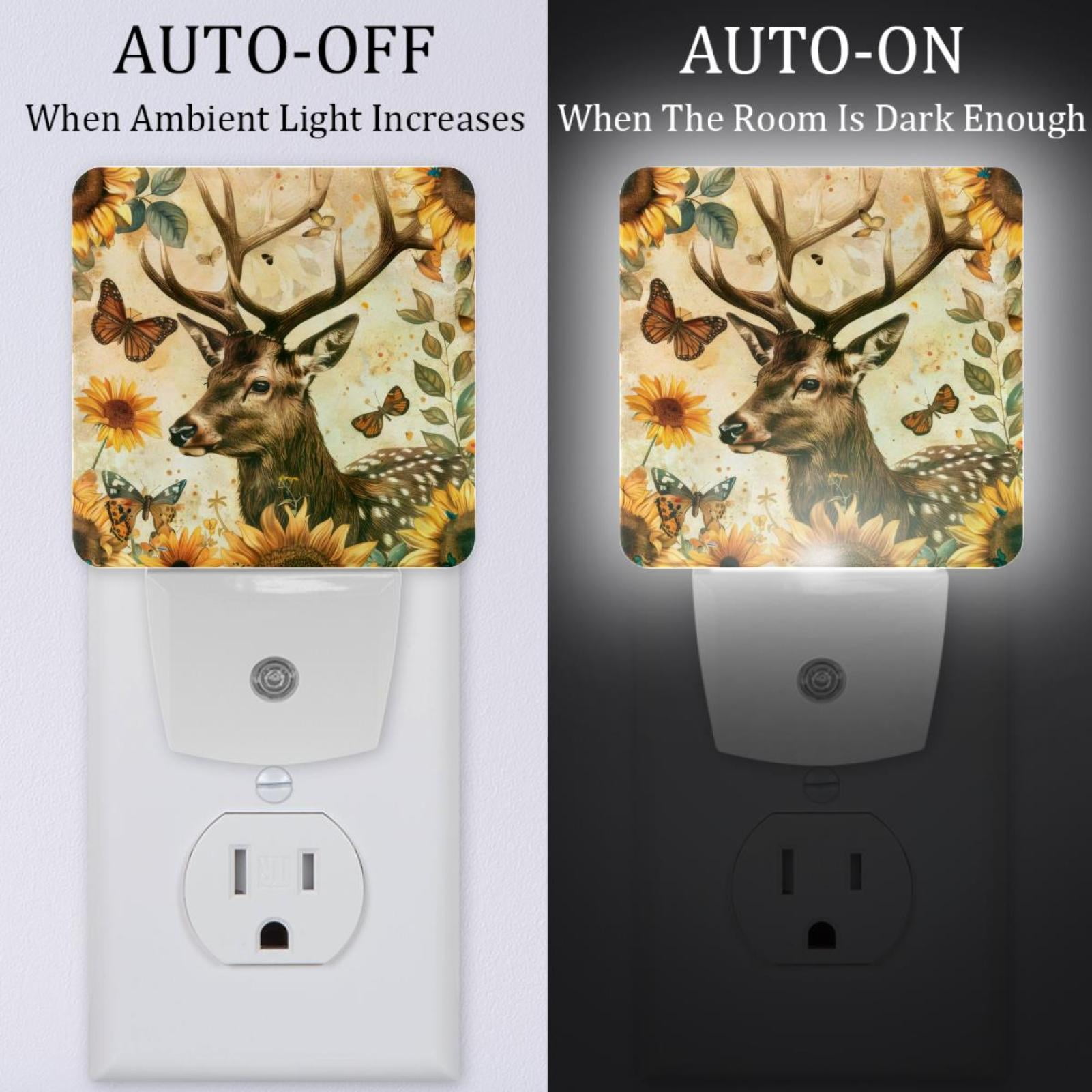 PhooArto Sunflower Deer Butterfly Vintage Plug in LED Night Light Auto Sensor Dusk to Dawn Decorative Night for Bedroom, Bathroom, Kitchen, Hallway, Stairs, Baby's Room, Energy Saving