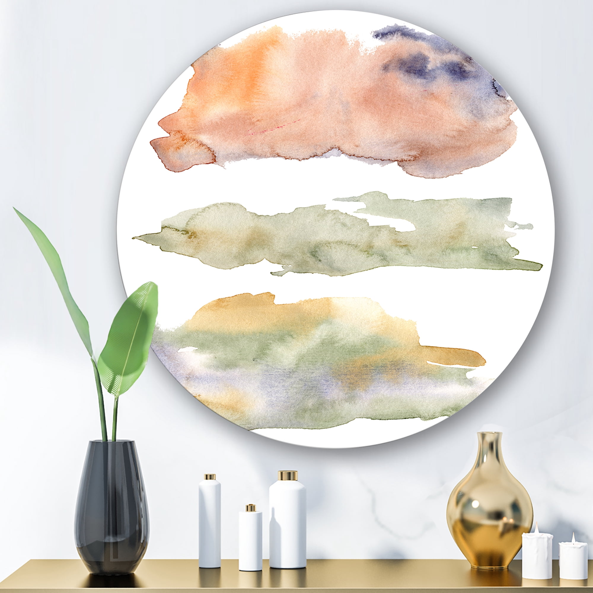 Designart 'Abstract Orange Blue and Beige Green Clouds' Modern Circle Metal Wall Art 11x11 - Disc of 11