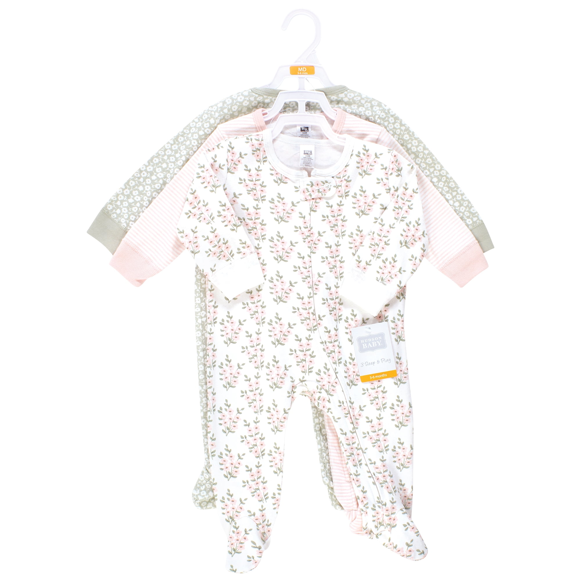 Hudson Baby Infant Girl Cotton Sleep and Play, Pink Sage Florals, 6-9 Months