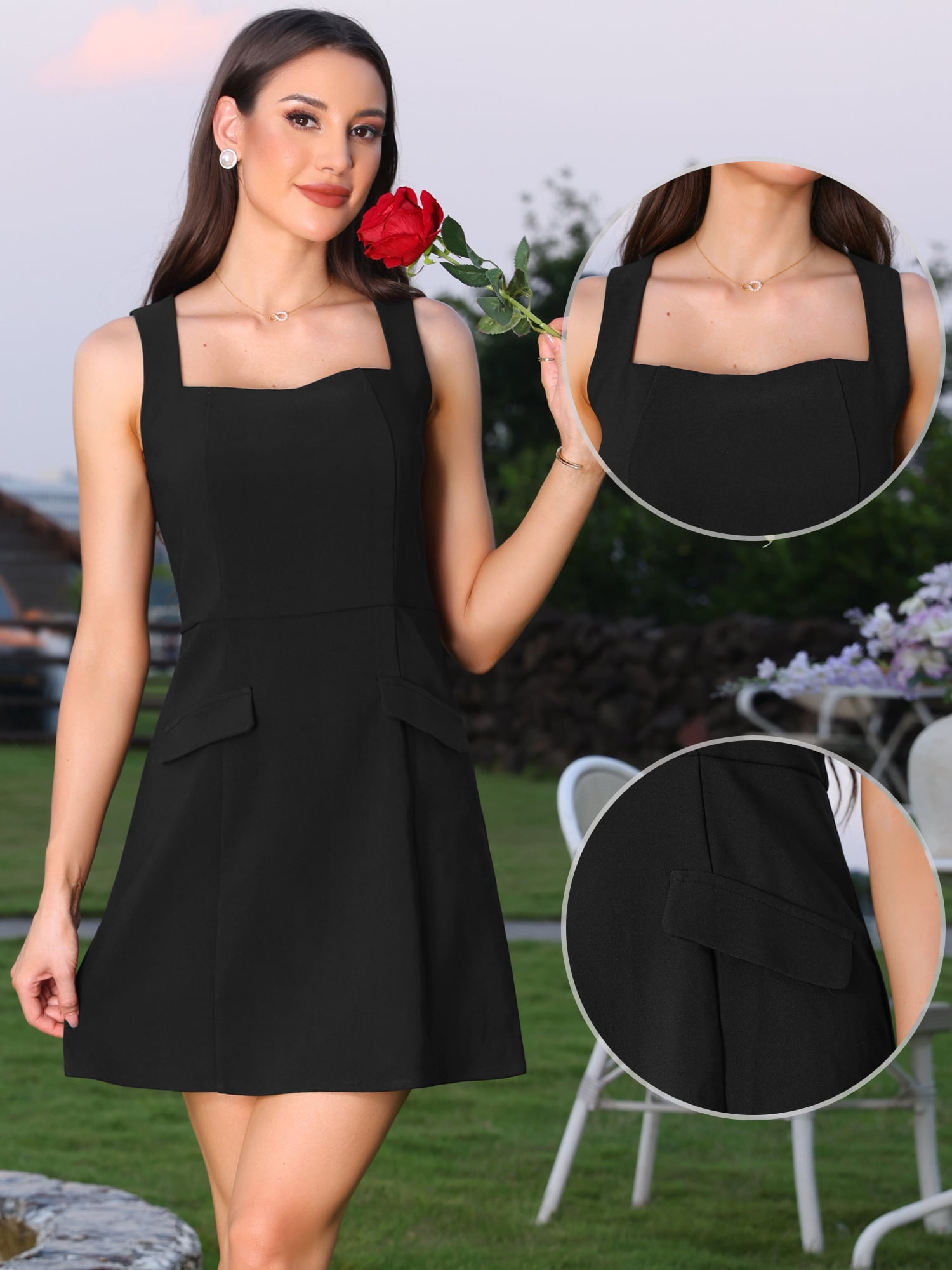 DARING DIVA Women's Square Neck Sleeveless Mini Dress M Black