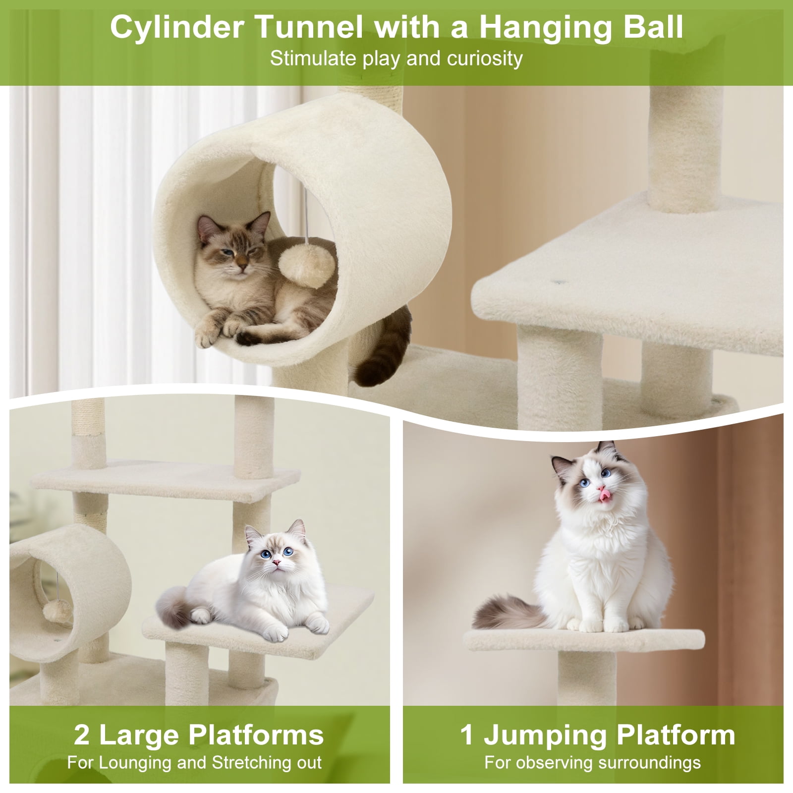Gymax 48'' Tall Cat Tree w/ Large Condo Padded Top Perch Jute Scratching Post Tunnel Beige