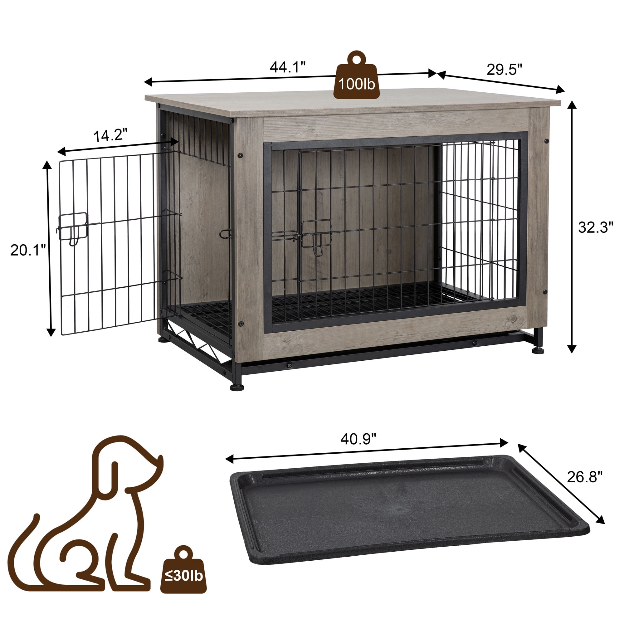 Walsunny Wooden Dog Crate Furniture,Double-Doors Kennel Indoor with Divider and Removable Tray,End Table Dog Crate for Decoration 44.1"L x 29.5"W x 32.3"H，Grey