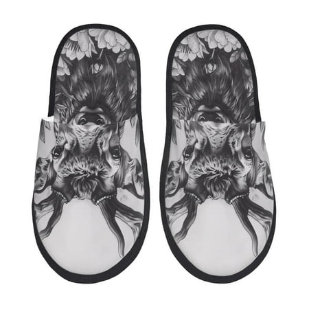 Balery Monochrome Deer Floral Slient Indoor Furry Fleece Comfort House Shoes Soft Non-Slip Home Shoes Cotton slippers House Slippers-- Medium