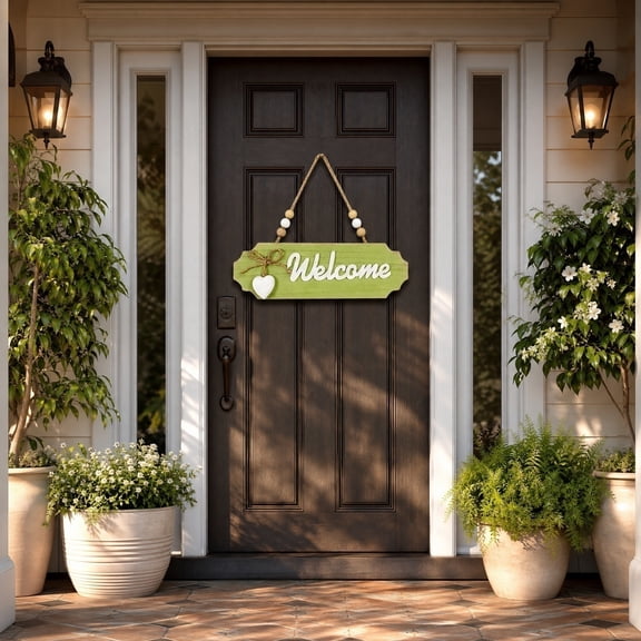Outdoor Hanging Ornament, Door Decorations Hanging, Outdoor Front Porch Decor, Rustic Farmhouse Decor, 8X2.5 Inch Light Green Welcome Sign with Adorable Heart Accent, Weather