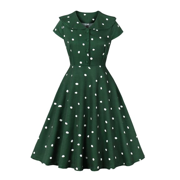 Daiosportswear Women'S Vintage Tea Dress, Short Sleeve Cocktail Party Dress Work Church Casual Dress,Polka Dot Pattern,Women Short Sleeve Dress Green L(L)