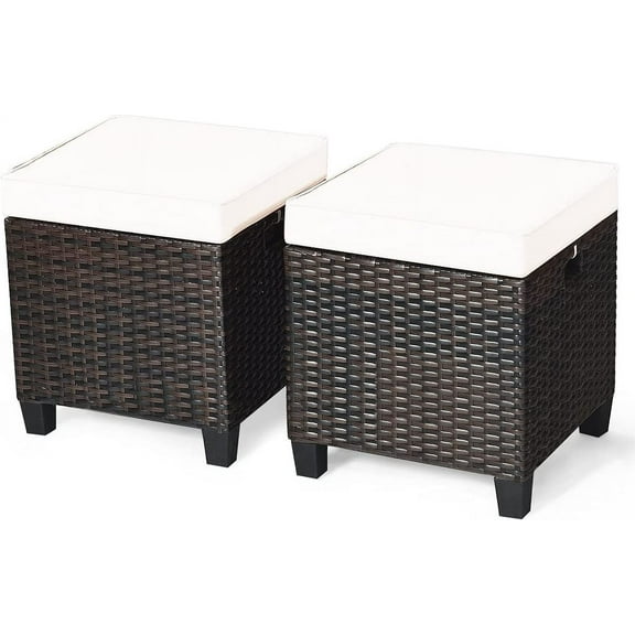 CLEEMAN Outdoor Ottoman Set of 2, All Weather Rattan Wicker Patio Ottoman w/Removable Cushions, Outdoor Footstool Footrest for Patio Garden Porch Poolside (Cream)