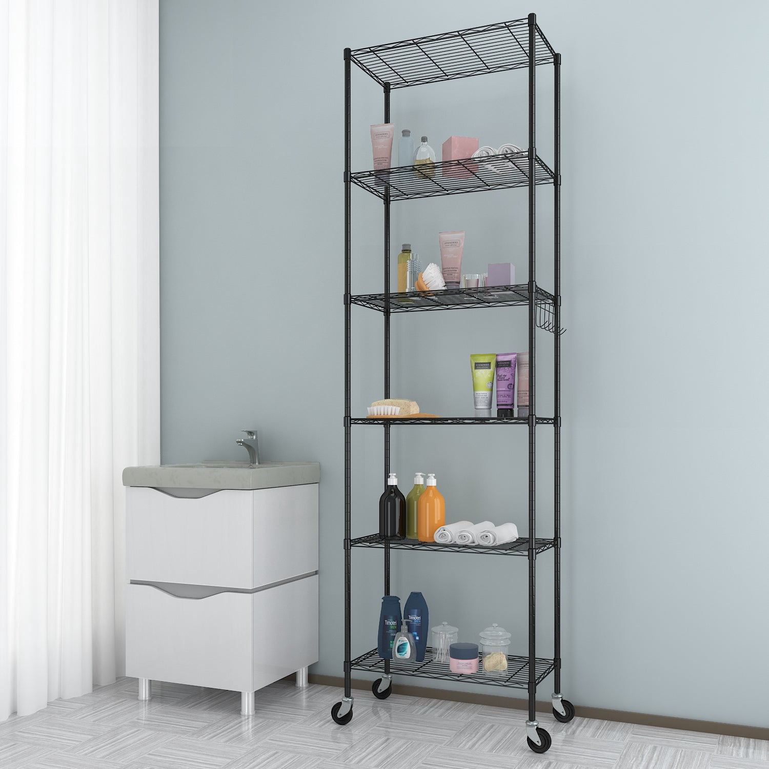 Sailvan 6-Tier 72"H Metal Storage Rack with Wheels, Slim Wire Shelving Unit for Pantry Kitchen Bathroom, Adjustable Shelves with Hooks, 530lbs Cap,Black