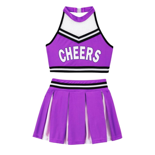 Xnihocha Girls Classic Cheerleading Team Uniform Mesh Splice Crop Top with Pleated Boxer Skirts Rooter Stage Suit Purple 8