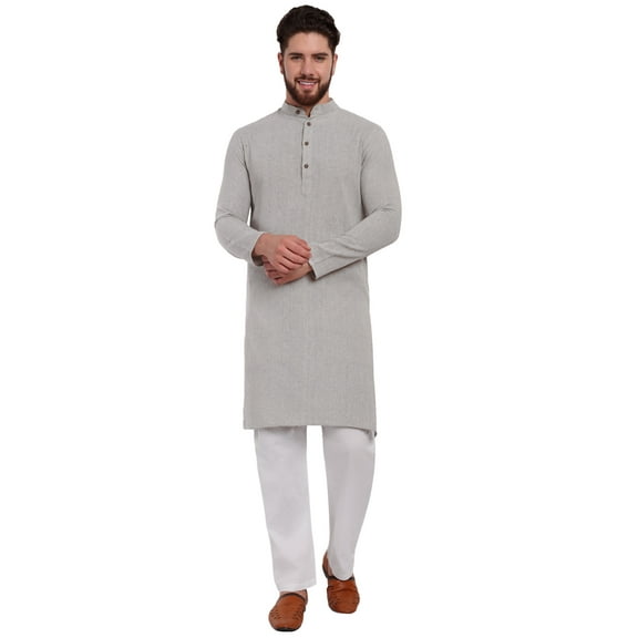 SKAVIJ Men's Handmade Cotton Henley Shirts with Trouser Long Sleeve Longline Summer Yoga T Shirts with Pocket (Small,Grey)