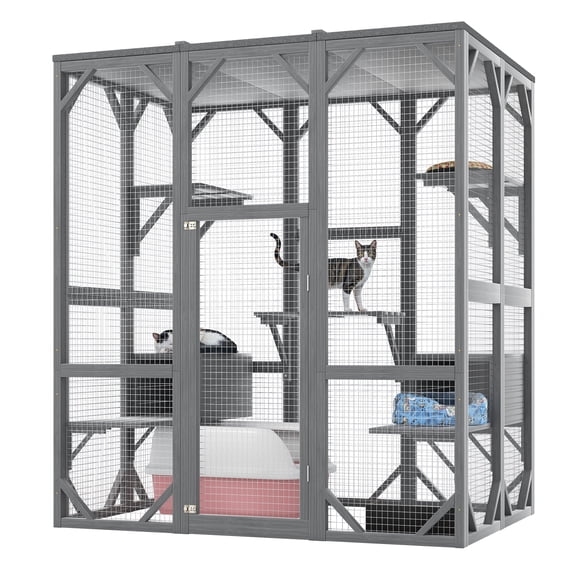 Villeston Outdoor Cat Enclosure, 71" Large Cat House for Multiple Cats with Waterproof Roof, 3 Tier Cat Cage with 6 Platform for Patio, Yard, Graden