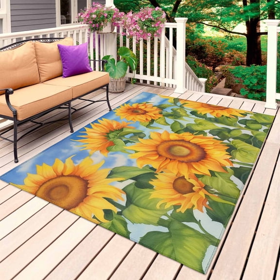 Sunflowers Outdoor Rug for Patio/Deck/Porch, Non-Slip Large Area Rug 5 x 7 Ft, Watercolor Summer Flowers Botanical Indoor Outdoor Rugs Washable Area Rugs, Reversible Camping Rug Carpet Runner