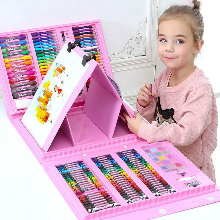 Cokiki Art Supplies, 184-Piece Drawing Art Set, Princess Pink Gift Art Kit  with Colored Pencils,Crayons,Oil Pastels,Watercolor Paint Set,Creative Gift