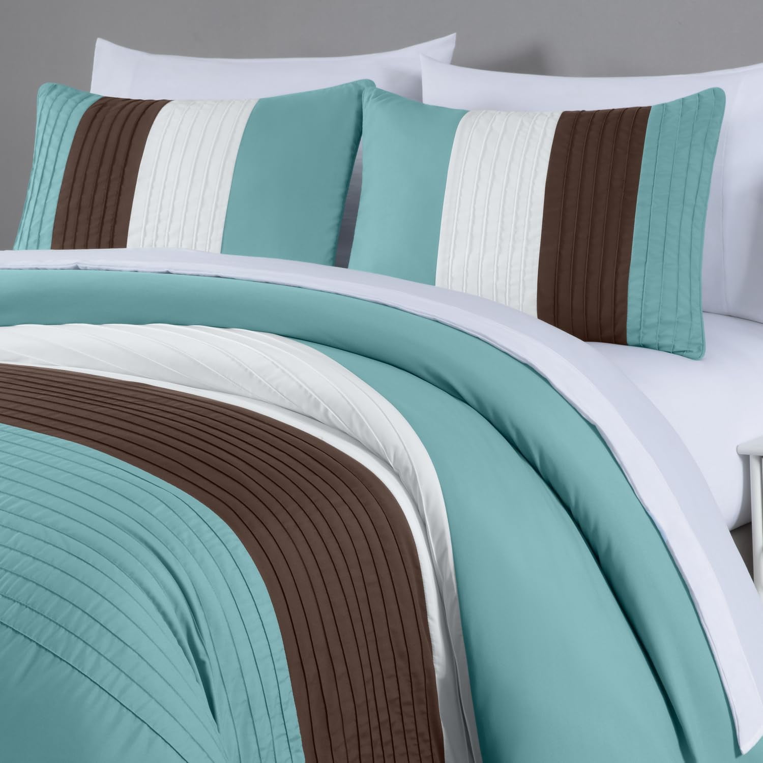 Chezmoi Collection Briar 7-Piece Queen Bed in a Bag Comforter Set with Sheets - Lightweight Comforter Blue Brown Beige Luxury Pleated Stripe Bedding Set for All Season