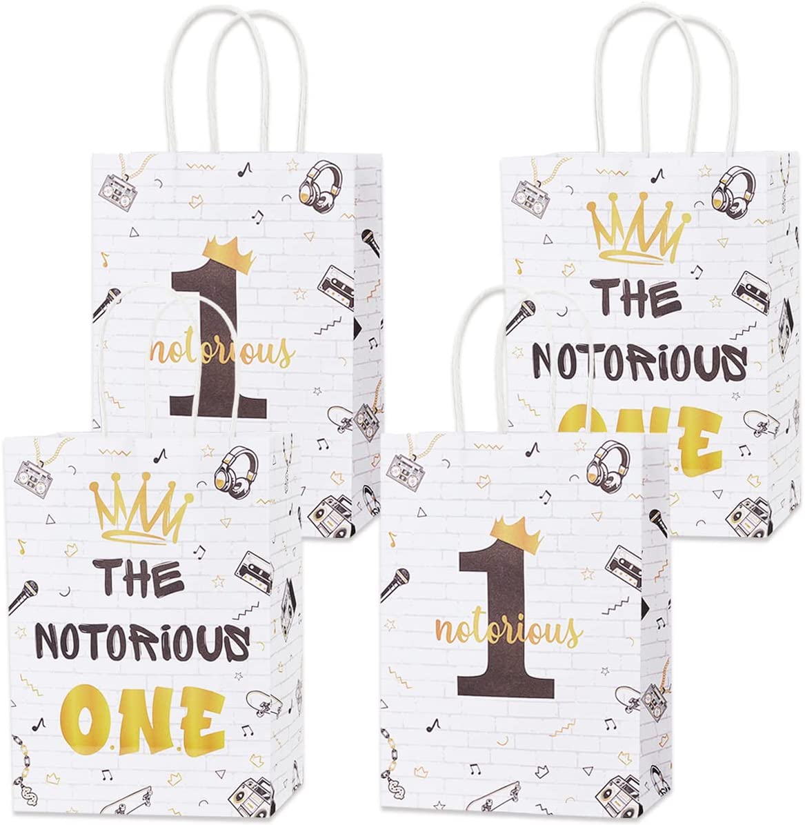 16pcs The Notorious One Birthday Decorations - Black Gold Party Treat Bags  with Handles, Hip Hop Theme The Big One 1st Birthday Party Favor Candy Bags  for Boy's First Birthday Supplies 