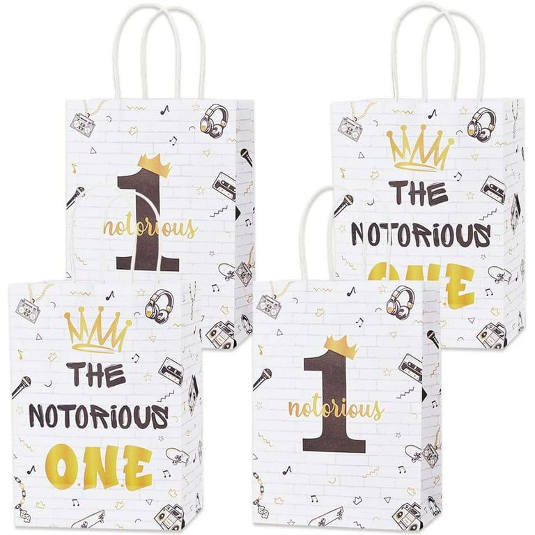 16pcs The Notorious One Birthday Decorations - Black Gold Party Treat Bags  with Handles, Hip Hop Theme The Big One 1st Birthday Party Favor Candy Bags  for Boy's First Birthday Supplies 