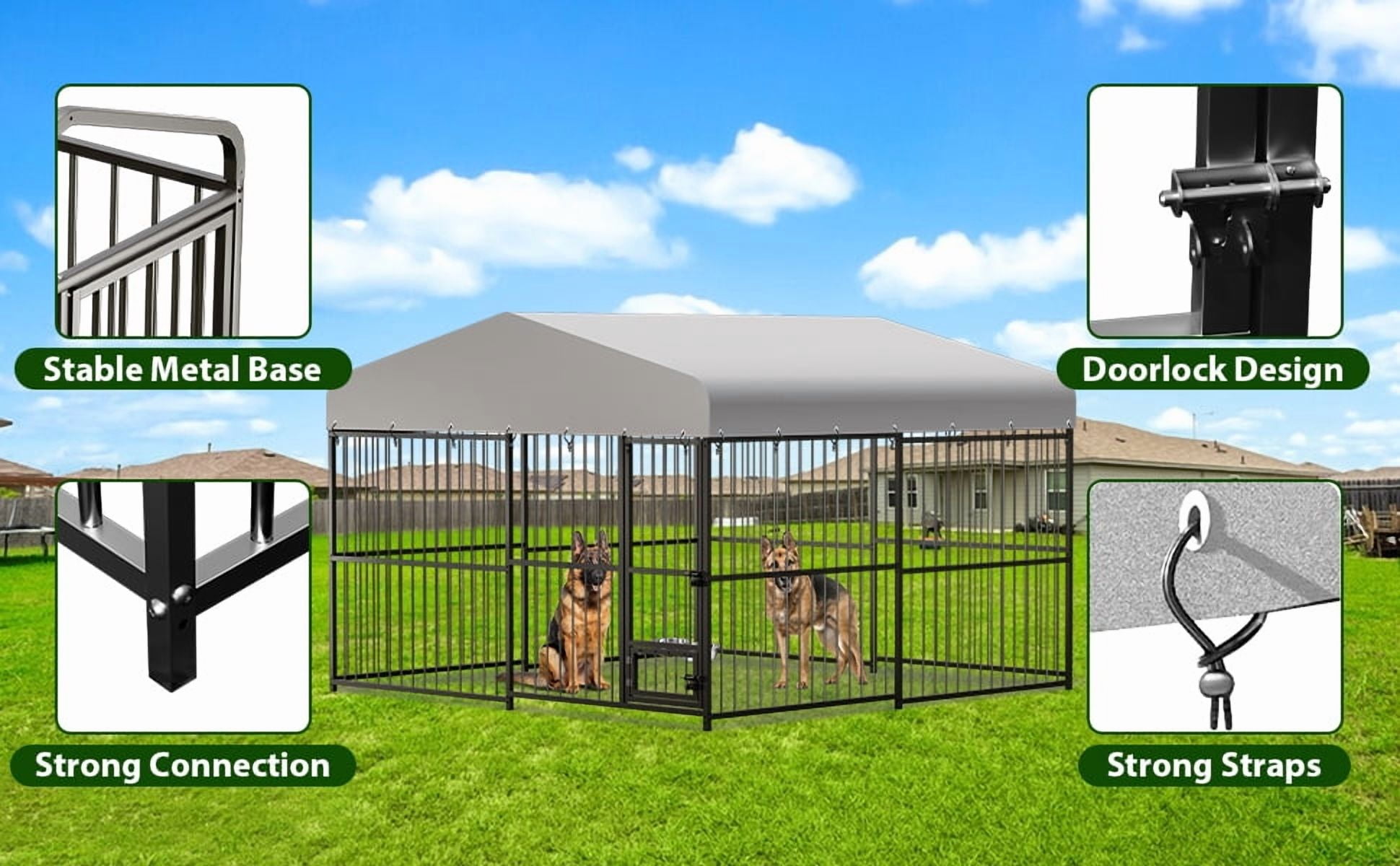 Accreate 10 x 10FT Large Dog Kennel Outdoor, Heavy Duty Metal Outdoor Dog Kennel, Outside Dog Kennel with Roof & Feeding Door