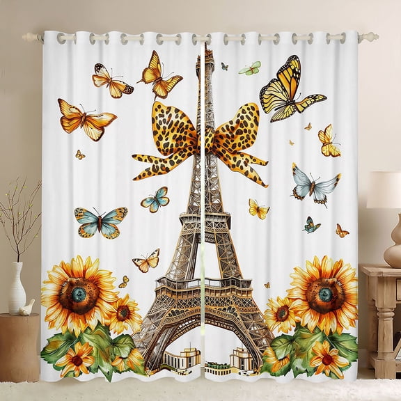 Castle Fairy Vintage Eiffel Tower Blackout Curtains Set of 2 (52x84 Each) for Female Men,Flying Butterflies Floral Sunflowers Window Curtains,Leopard Print Bow Curtains and Drapes Room Decor